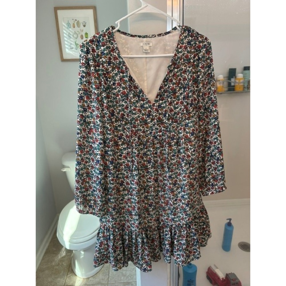 J Crew Floral Print Long Sleeve Ruffle Hem Mini Dress V Neck Women's Small